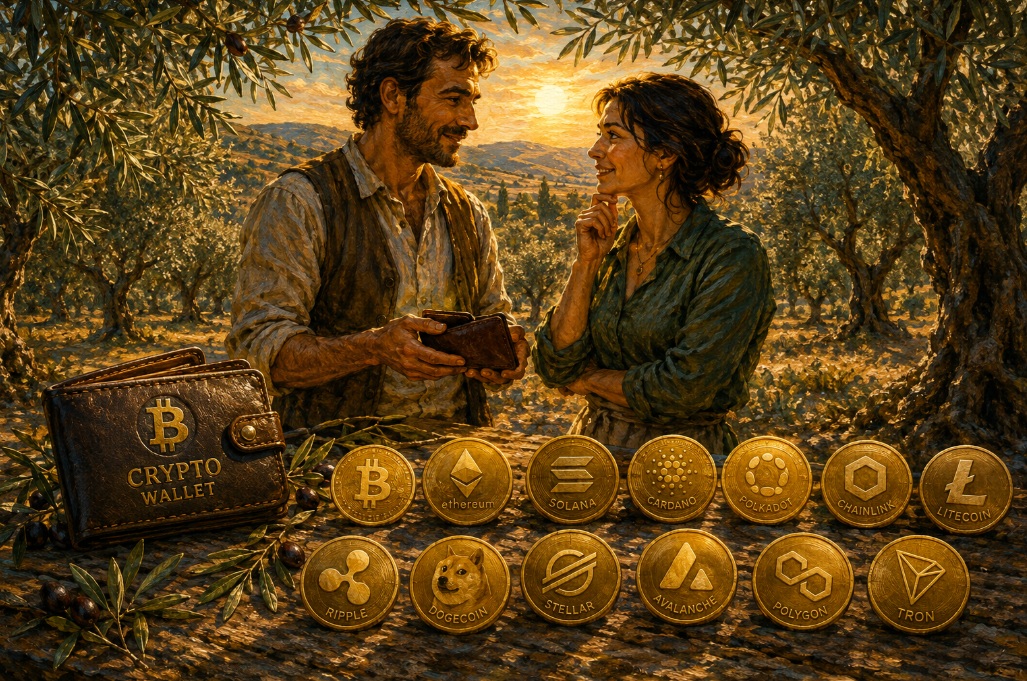 Dois em um olival, uma carteira de criptomoedas e 13 moedas